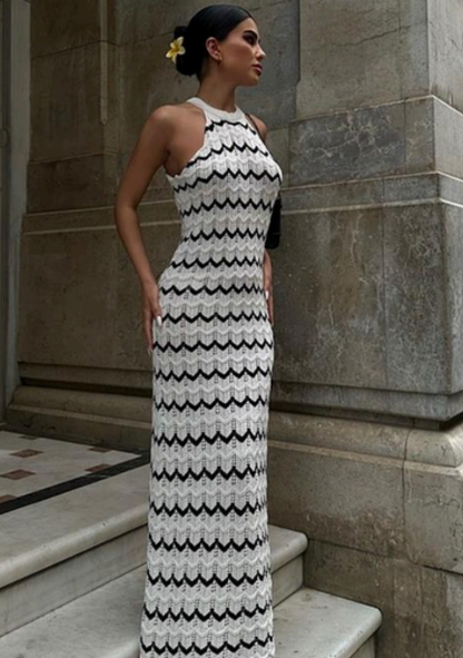 Robe Col Dos Ajouré – Écru & Noir