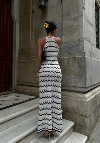 Robe Col Dos Ajouré – Écru & Noir