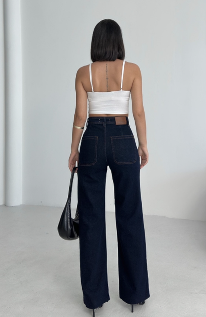 Jean Mom Bleu Marine – Taille Haute & Jambe Évasée