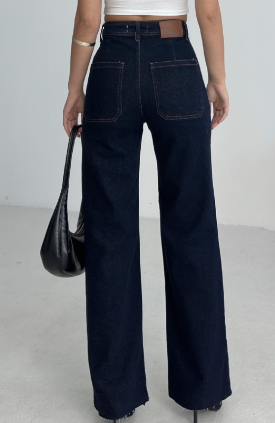 Jean Mom Bleu Marine – Taille Haute & Jambe Évasée