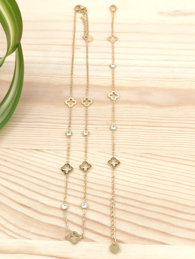 Collier trèfle avec strass en acier inoxydable