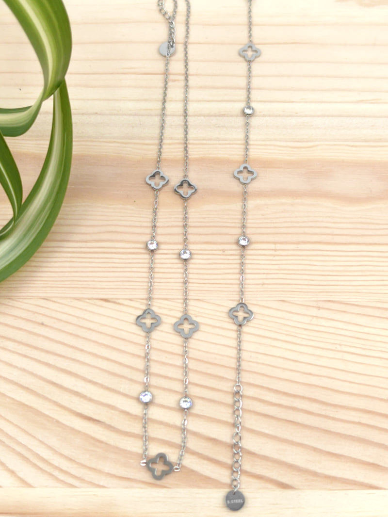 Collier trèfle avec strass en acier inoxydable